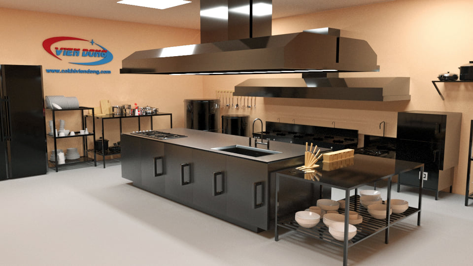 mẫu thiết kế 3D bếp nhà hàng